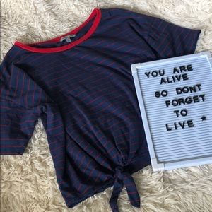 Waist Knot Top With Red Stripes- Size Large